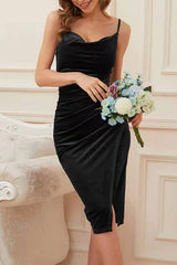 Velvet Ruched Split Party Dress S / Black