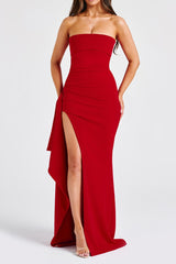 Sexy Strapless Slit Evening Party Dress S / Red