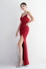 Long Satin Slit Halter Sheath Formal Dress