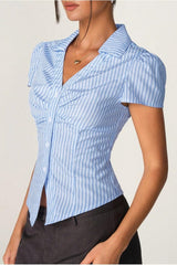 V Neck Striped Ruched Blouse