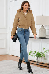 Short High Waist Faux Fur Hood Puffer Jacket