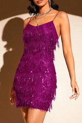 Sequin Fringe Trim Spaghetti Strap Party Dress
