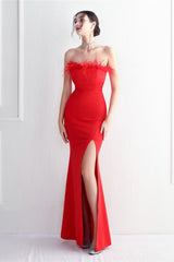 Elegant Feather Trim Strapless Formal Dress