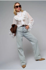 Lace Trim Stand Collar Chiffon Blouse