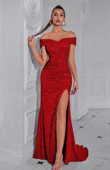 Sequin Off Shoulder Split Party Dress