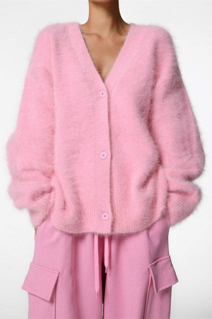 V Neck Fluffy Knit Cardigan Sweater Pink / One Size