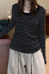 Wool Striped Round Neck Knit Top