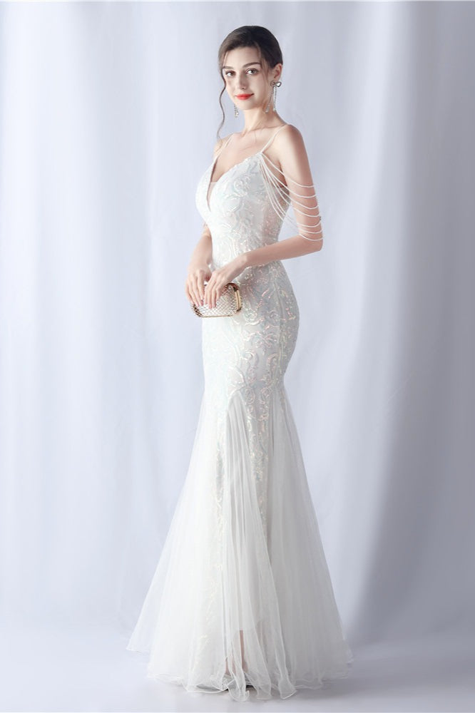 Beaded Mesh Cocktail Maxi Dress White / S