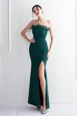 Elegant Feather Trim Strapless Formal Dress