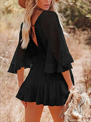 Lace V Neck Ruffle Mini Boho Dress