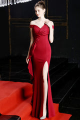 Slit Off Shoulder Mermaid Maxi Party Dress Red / S
