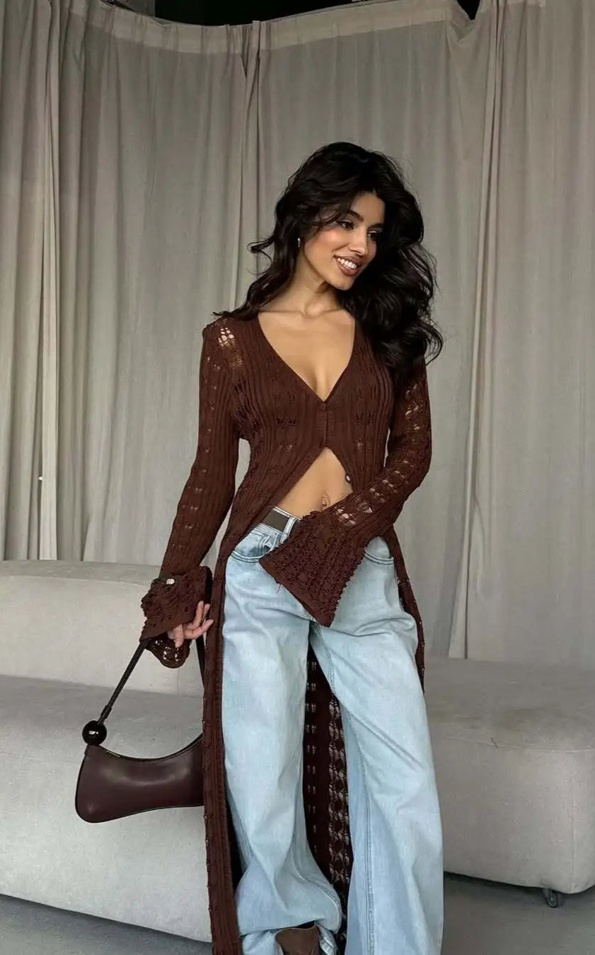 Knitted Flare Long Sleeve Beach Cardigan Brown / S