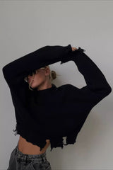 Edgy Distressed Crew Neck Solid Sweater