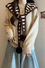 Striped Shawl Collar Pom Pom Solid Sweater