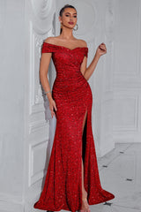 Sequin Off Shoulder Split Party Dress S / Red