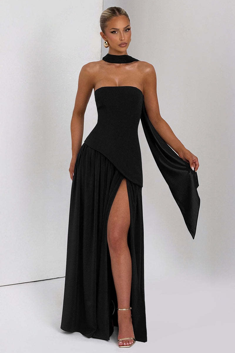 Solid Bustier High Slit Formal Dress S / Black