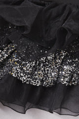 Black Ruffled Mesh Asymmetrical Party Dress