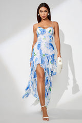Slit Ruffled Floral Print Party Dress