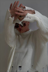 Edgy Distressed Crew Neck Solid Sweater