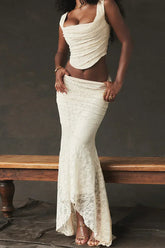 Elegant Lace Up Crop Top & Maxi Skirt Boho Dress