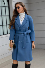Blue Belted Midi Wool Blend Overcoat