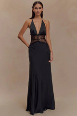 Lace Patchwork Backless Halter Boho Dress Black / S