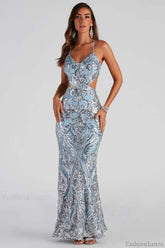 Elegant Deep V Neck Beaded Formal Dress M / Blue