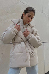 Tie Waist Cotton V-Neck Puffer Jacket