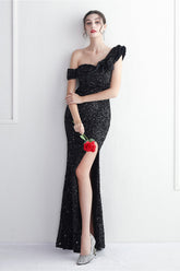 Embellished One Shoulder Mermaid Formal Dress S / Black