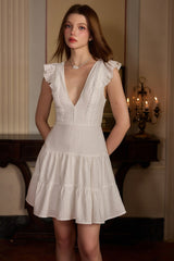 Backless High Waist Ruffle Cocktail Dress S / White