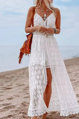 Lace V Neck Hollow Boho Dress White / S