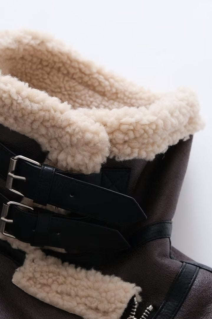 Multi Zip Faux Shearling Longline Jacket