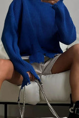 Edgy Distressed Crew Neck Solid Sweater