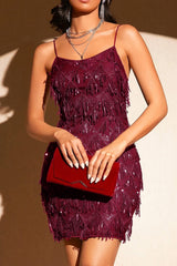 Sequin Fringe Trim Spaghetti Strap Party Dress S / Red