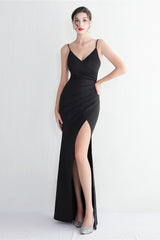 Long Satin Slit Halter Sheath Formal Dress Black / S