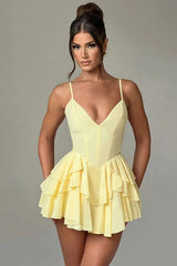 Spaghetti Strap Ruffle Party Dress S / Yellow
