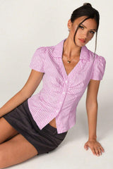 V Neck Striped Ruched Blouse
