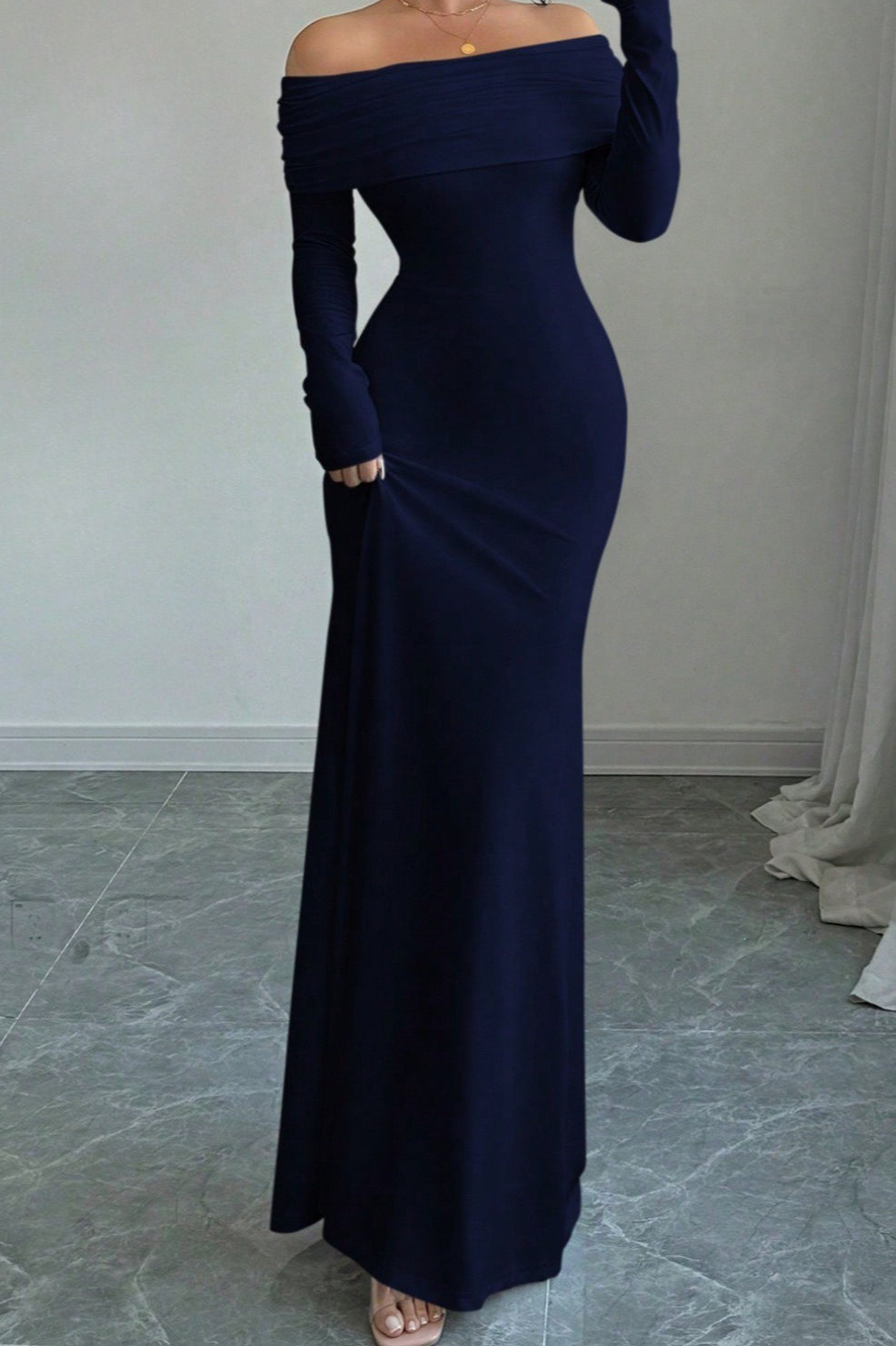 Off Shoulder Ruched Bodycon Formal Dress S / Navy blue
