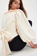 Corset Back Bow Puff Sleeve Blouse