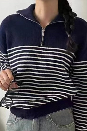 Striped Half Zip Knit Pullover Sweater Navy blue / One Size