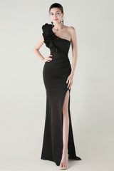 Ruffled Floral One Shoulder Satin Party Dress