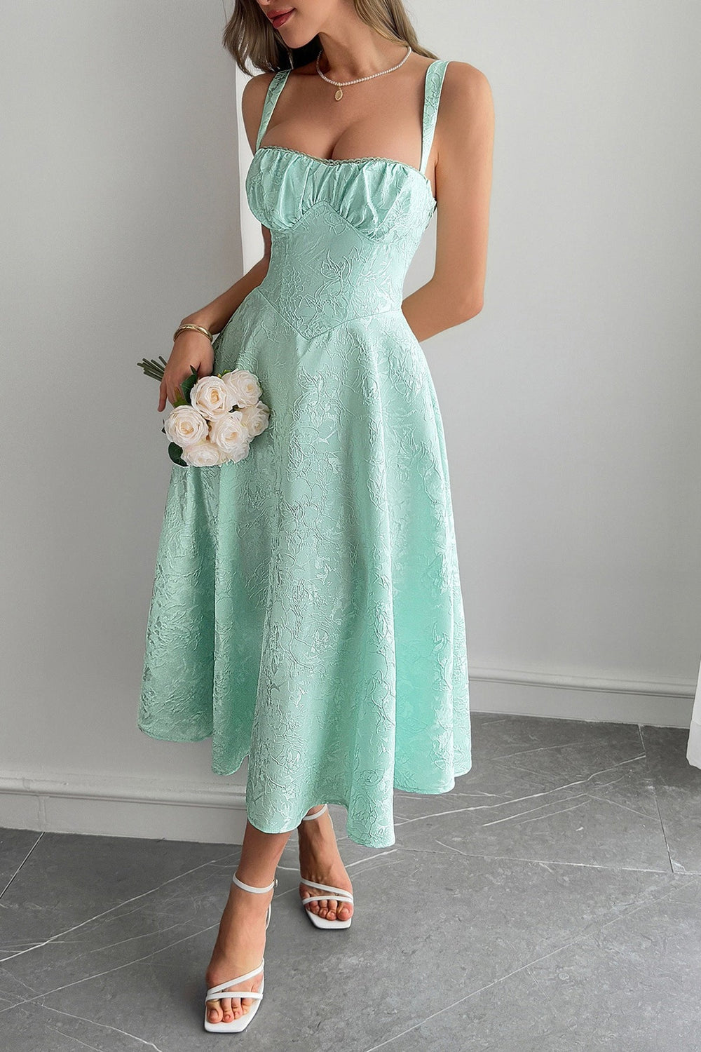 Jacquard Spaghetti Strap Cocktail Dress S / Green