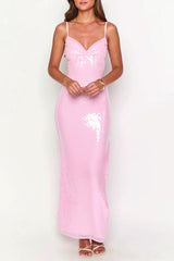Pink Sequin V-Neck Slit Party Dress