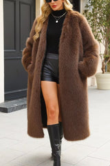Plush Faux Fur V-Neck Long Overcoat