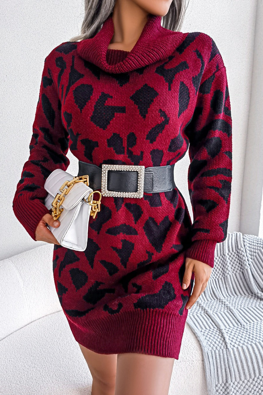 Leopard Turtleneck Sweater Dress