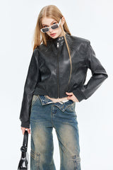 PU Leather Zip Up Bomber Jacket
