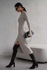 Belted Long Sleeve Solid Knit Sweater Dress