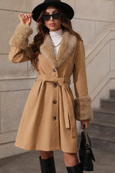 Fur Collar Belted Midi Trench Coat