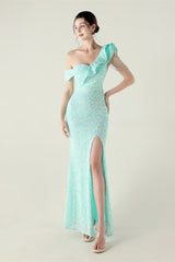 Draped One Shoulder Ruffle Formal Dress