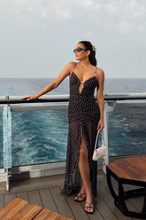 Polka Dot Ruched Lace Mesh Cami Maxi Dress